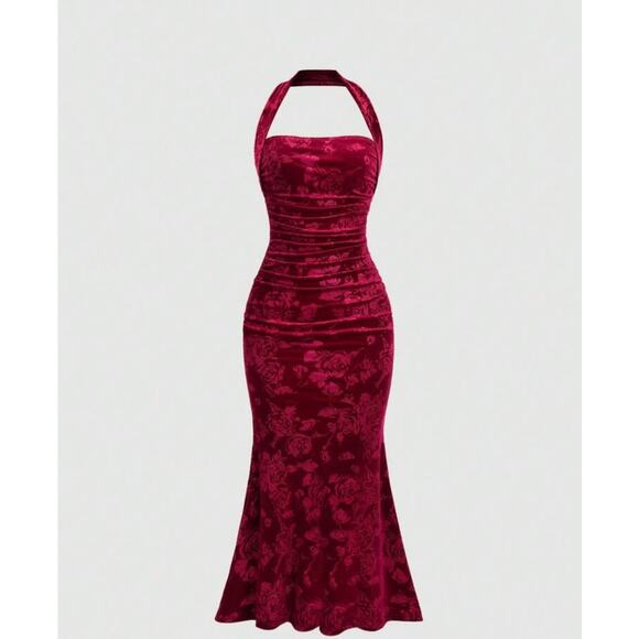 Shein Dresses & Skirts - Holiday Party Velvet Slit Hem Halter Neck Party Maxi Dress Burgundy XS Vamp
